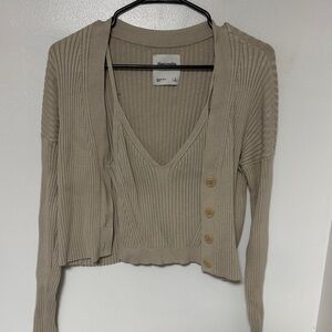 Abercrombie & Fitch Ribbed V-Neck Crop Cardigan Set - Taupe